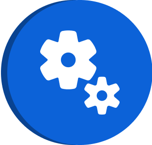 3 Two white gears on a blue circular background.