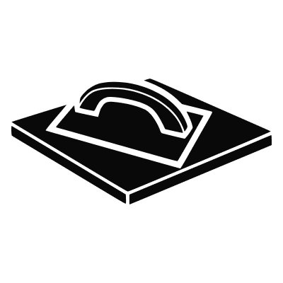 Epoxy Floors A silhouette of a hand-held trowel with a flat rectangular blade and an arched handle.