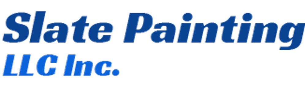 Blue text logo reads "Slate Painting LLC Inc." on a transparent background.