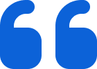 Blue quotation mark symbol on a white background.